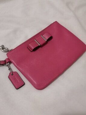 Coach Darcy Saffiano Leather Bow Wristlet in Strawberry Pink
